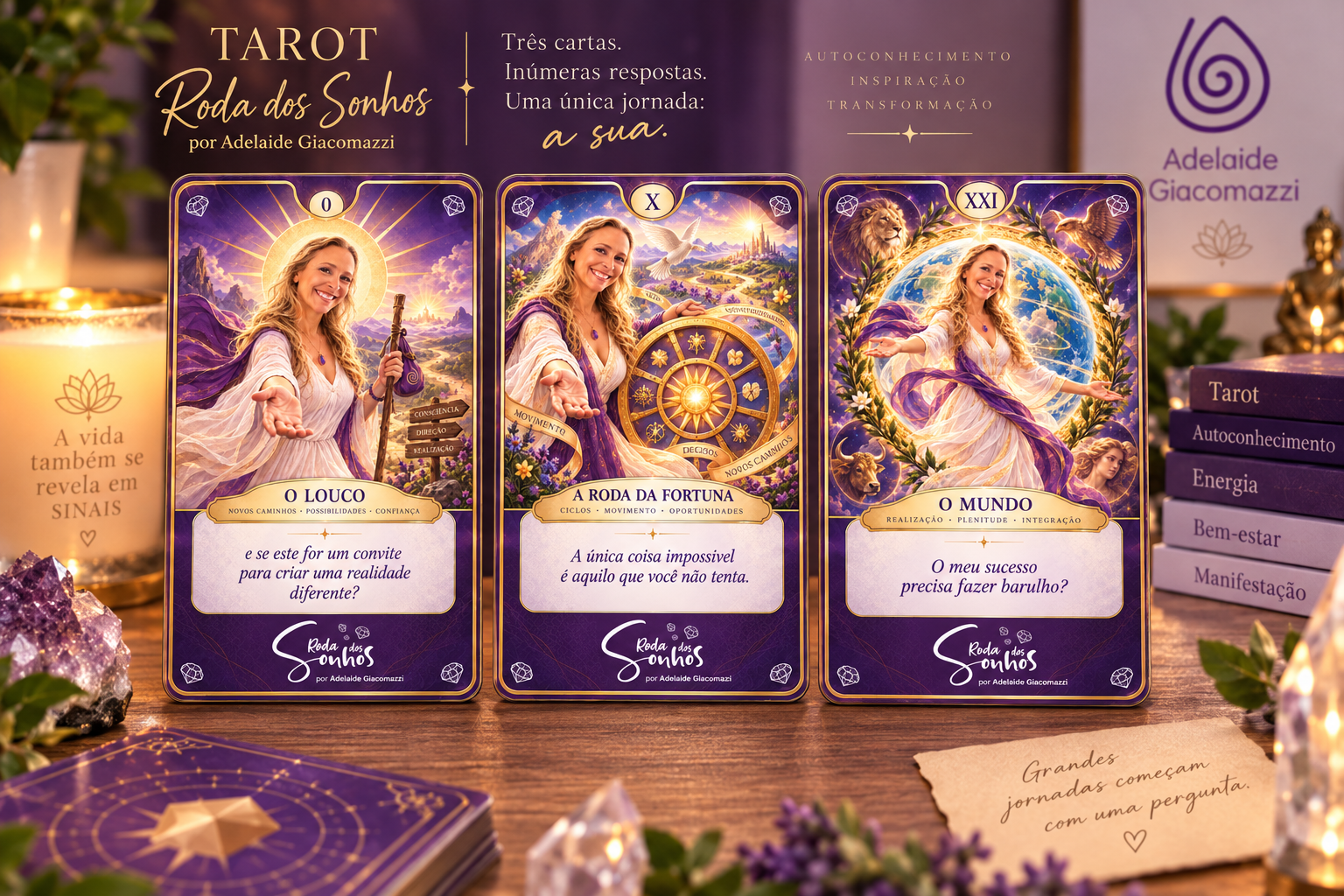 Mockup de três cartas personalizadas do Tarô Roda dos Sonhos
